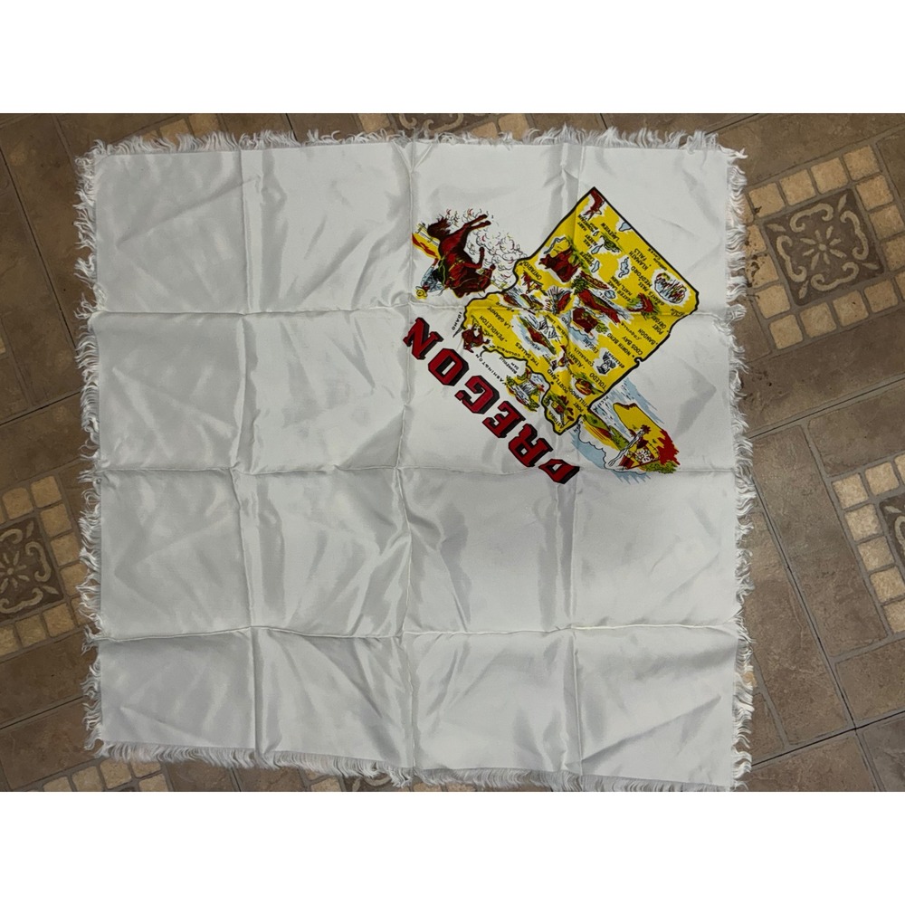 Vintage Oregon State Souvenir Scarf White Satin Fringe Map Graphic Travel Retro